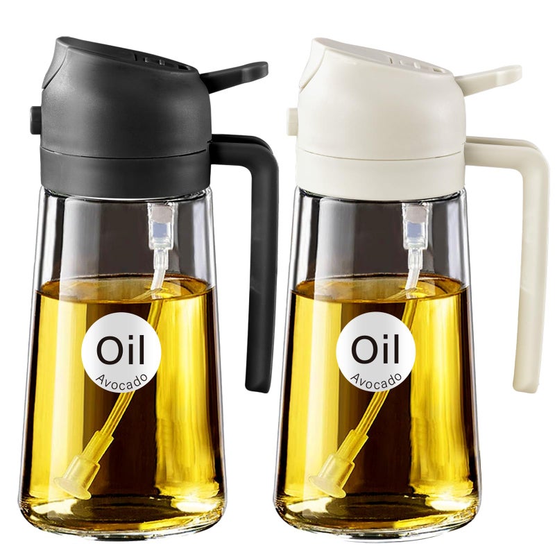 YARRAMATE 2Pcs 16oz470ml 2 in 1 Oil Sprayer for Cooking with Stickers Foodgrade Glass Oil Spray Bottle Oil Dispenser and Oil Sprayer for Kitchen Salad Frying BBQ White Black