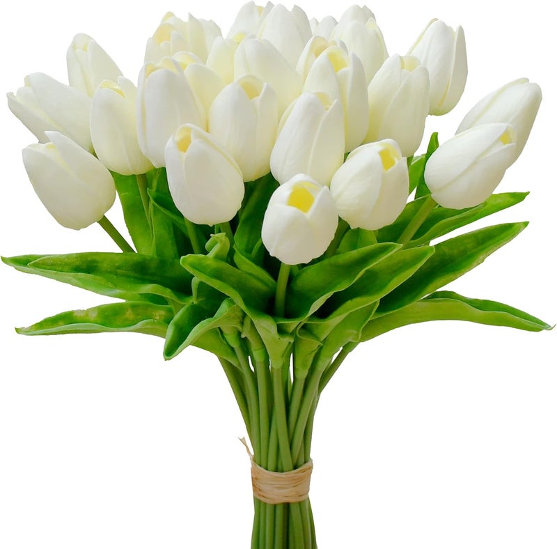 Mandy's Artificial Tulips 28 Stems Cream PU Faux Flowers for Thanksgiving and Christmas Decorations Wedding Home Decor 13.5 Inch - Image 1