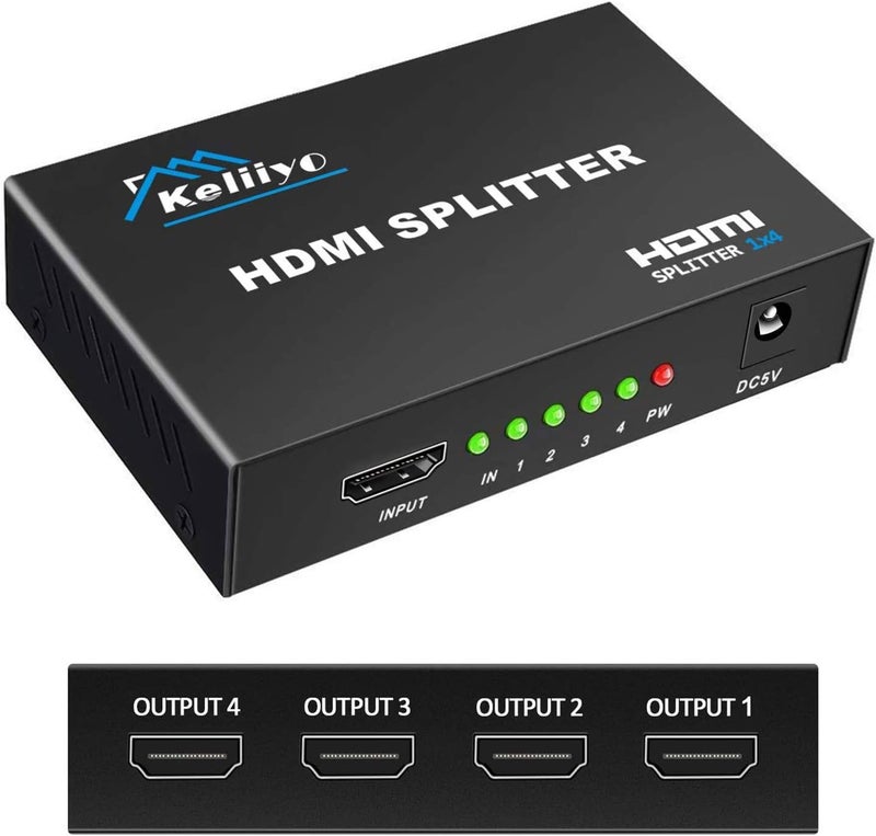 Keliiyo موزع HDMI 1 في 4 مخرج V1.4b مزود بمحول HDMI للطاقة مع محول AC لتكرار/مرآة شاشة العرض يدعم دقة Ultra HD 1080P 2K x4K@30Hz و 3D (1 مدخل إلى 4 مخارج) - Image 1