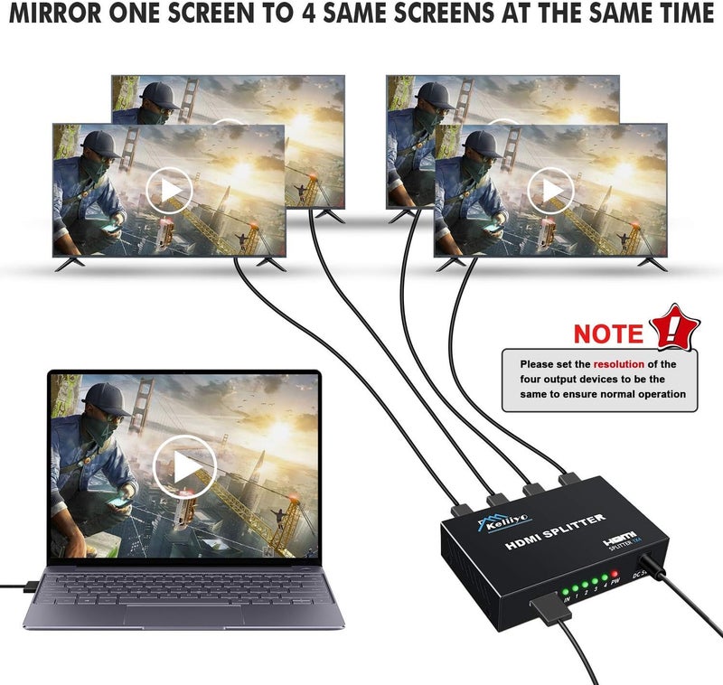 Keliiyo موزع HDMI 1 في 4 مخرج V1.4b مزود بمحول HDMI للطاقة مع محول AC لتكرار/مرآة شاشة العرض يدعم دقة Ultra HD 1080P 2K x4K@30Hz و 3D (1 مدخل إلى 4 مخارج) - Image 2