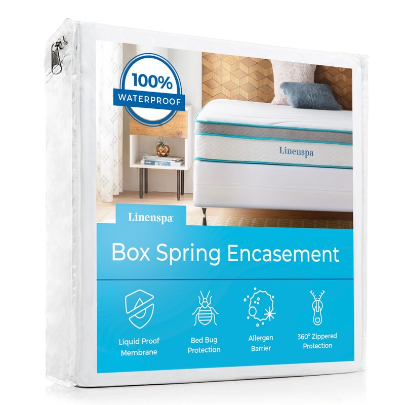 LINENSPA Box Spring Encasement  Full XL Size Box Spring Cover  Zippered and Waterproof Protector Complete Protection  White