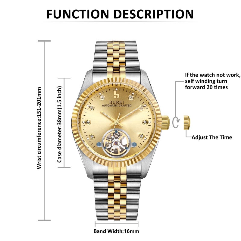 BUREI Mens Luxury Automatic Watch Dress Gold Self-Winding Wristwatch Date Display Two Tones Stainless Steel Bandï¼ŒGold - Image 2