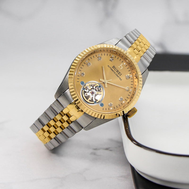 BUREI Mens Luxury Automatic Watch Dress Gold Self-Winding Wristwatch Date Display Two Tones Stainless Steel Bandï¼ŒGold - Image 4