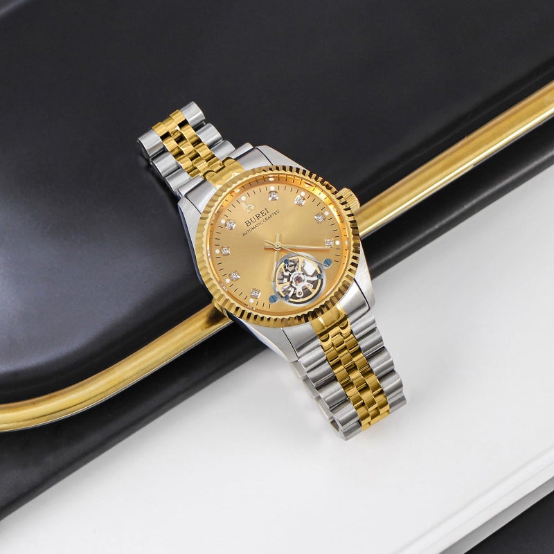 BUREI Mens Luxury Automatic Watch Dress Gold Self-Winding Wristwatch Date Display Two Tones Stainless Steel Bandï¼ŒGold - Image 3
