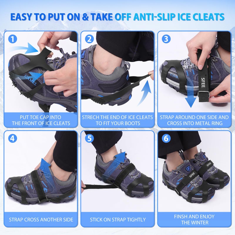 Sfee Crampons for Winter Boots, Upgraded Ice Cleats Stainless Steel Women Men Anti Slip Ice Traction Cleats Grips with Straps, Perfect for Hiking, Walking, Climbing, Ice Fishing(XL) - Image 4