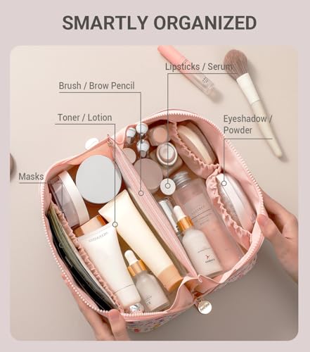 Aveniee Travel Makeup Bag for Women, Large Cosmetic Organizer with Open-Flat Design, Clear Divider & Handle - Waterproof PU Leather Toiletry Case, Cat Pattern - Image 2