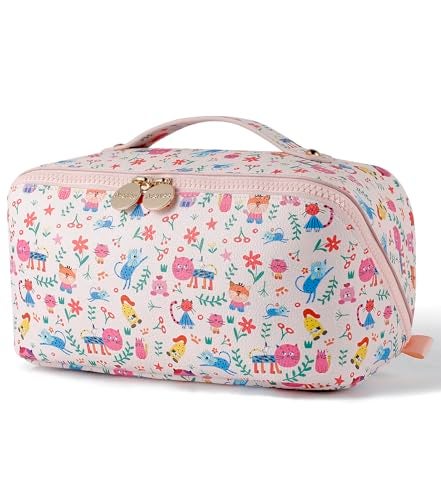 Aveniee Travel Makeup Bag for Women, Large Cosmetic Organizer with Open-Flat Design, Clear Divider & Handle - Waterproof PU Leather Toiletry Case, Cat Pattern - Image 1