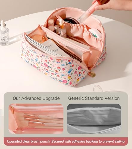 Aveniee Travel Makeup Bag for Women, Large Cosmetic Organizer with Open-Flat Design, Clear Divider & Handle - Waterproof PU Leather Toiletry Case, Cat Pattern - Image 3