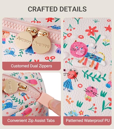 Aveniee Travel Makeup Bag for Women, Large Cosmetic Organizer with Open-Flat Design, Clear Divider & Handle - Waterproof PU Leather Toiletry Case, Cat Pattern - Image 5