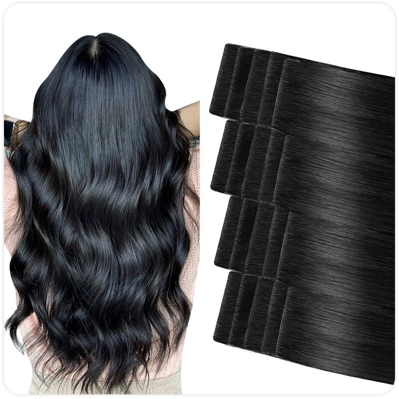 SUYYA Invisible Tape in Hair Extensions Human Hair Jet Black Seamless Injected Hand-Tied Pro Quality Virgin Human Hair 20PCS 40G/Pack Straight Tape Ins(14 inch #1 Jet Black) - Image 1