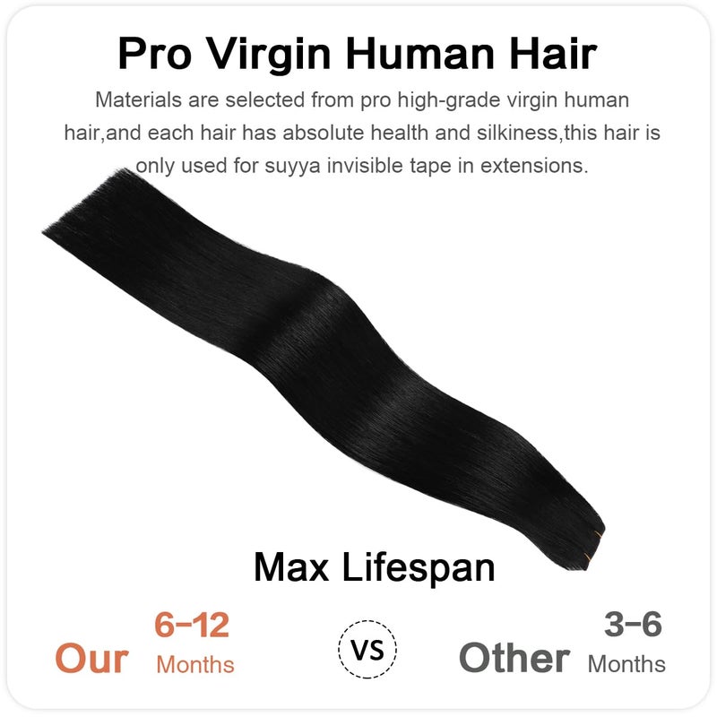 SUYYA Invisible Tape in Hair Extensions Human Hair Jet Black Seamless Injected Hand-Tied Pro Quality Virgin Human Hair 20PCS 40G/Pack Straight Tape Ins(14 inch #1 Jet Black) - Image 3