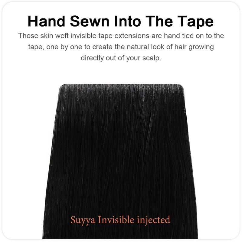 SUYYA Invisible Tape in Hair Extensions Human Hair Jet Black Seamless Injected Hand-Tied Pro Quality Virgin Human Hair 20PCS 40G/Pack Straight Tape Ins(14 inch #1 Jet Black) - Image 2
