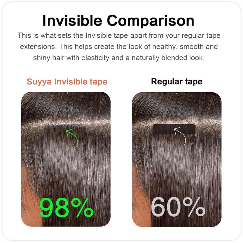 SUYYA Invisible Tape in Hair Extensions Human Hair Jet Black Seamless Injected Hand-Tied Pro Quality Virgin Human Hair 20PCS 40G/Pack Straight Tape Ins(14 inch #1 Jet Black) - Image 5