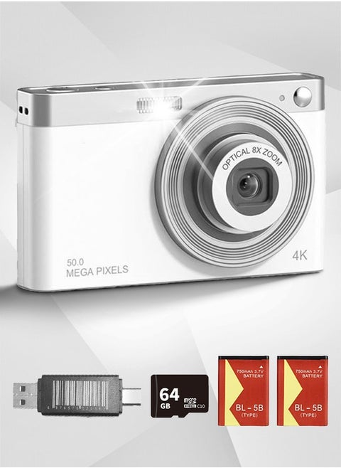 Compact 4K Digital Camera Video Camcorder 50MP 2.88Inch IPS Screen Auto Focus 16X Zoom Anti-shake Face Detact Smile Capture Built in Flash, 2 Batteries, 64GB Memory Card, Card Reader