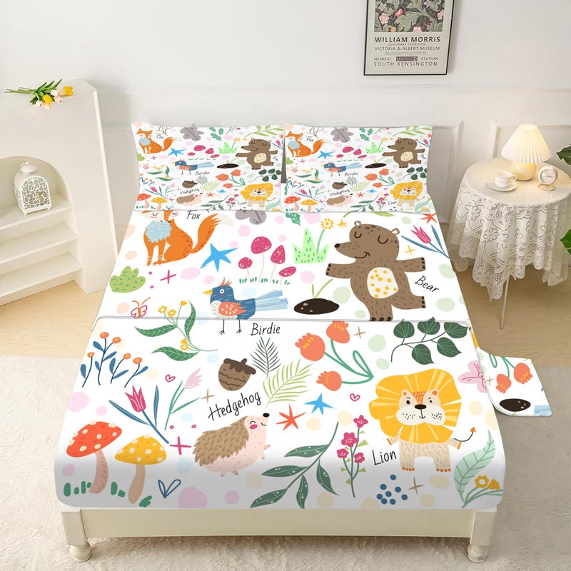 EDGZKO Sheet Set Cartoon Animals Twin Size Cute Bed Sheets for Toddler Girls Boys Kids Deep Pocket Lovely Fox Bear Lion Flowers 3 Piece Bedding Sets 1 Flat Sheet 1 Fitted Sheet 1 Pillowcase
