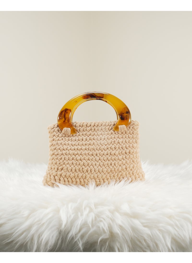 Beige Crochet Handbag with Amber Acrylic Handle