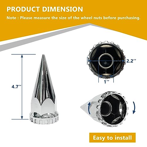 Grandroad auto 20 Pack Spike Lug Nut Covers, 33mm by 4-3/4" Thread On Chrome Spike Nut Cover Caps ABS Plastic Anti-Rust Screw-on Lug Nut Covers for Semi Trucks - Image 5