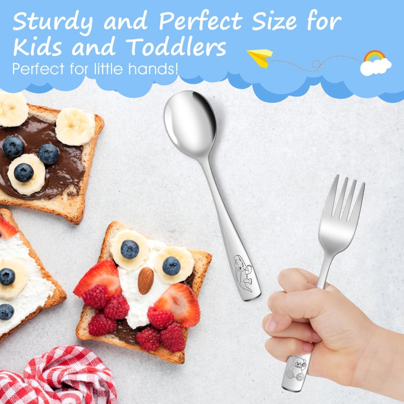 AUOIKK 14-Piece Toddler Flatware, Kids Utensils Stainless Steel Cutlery Set, Children Safe Spoons and Forks with Ergonomic Handle, Easy to use and Dishwasher Safe (Crocodile and Bear) - Image 4