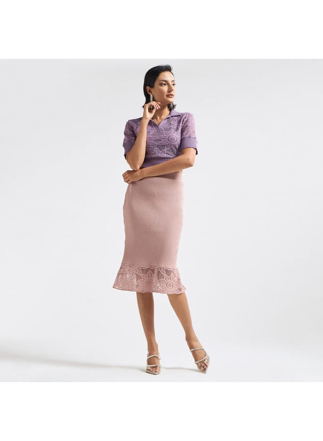 Splash FAV Lace Textured T-shirt with Collar and Short Sleeves  - Image 2