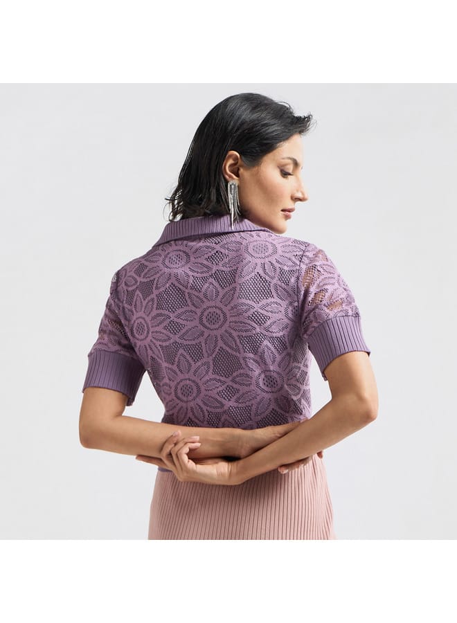 Splash FAV Lace Textured T-shirt with Collar and Short Sleeves  - Image 3