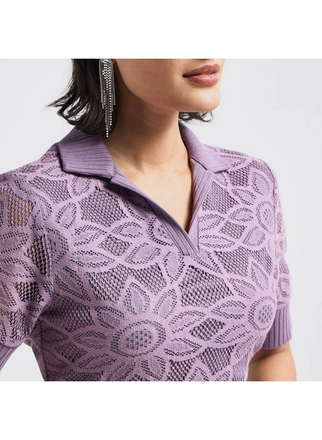 Splash FAV Lace Textured T-shirt with Collar and Short Sleeves