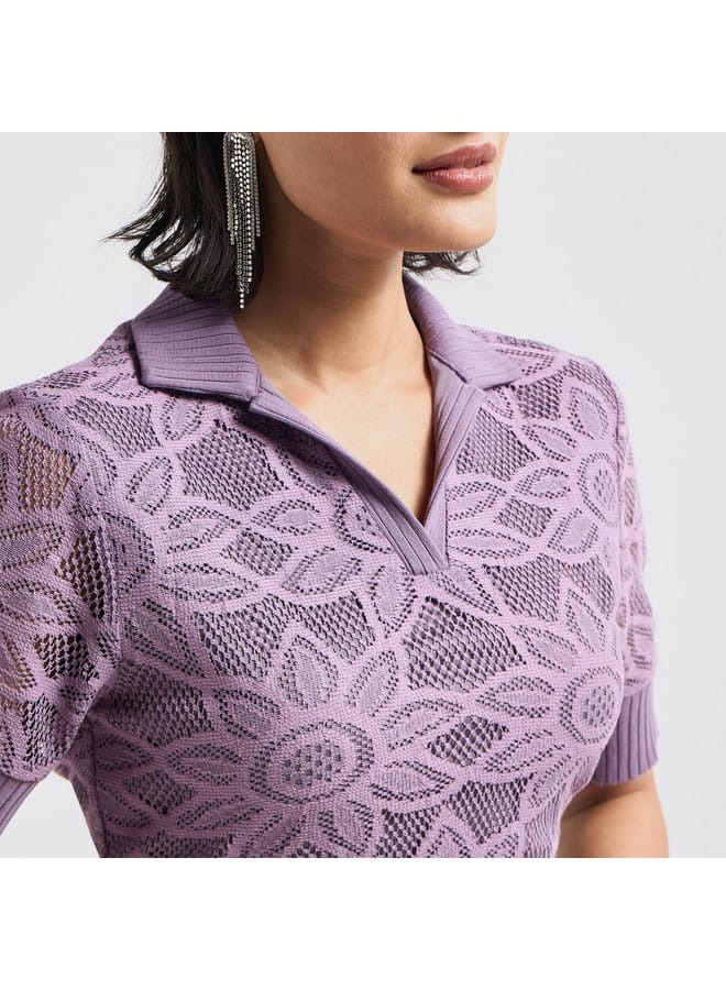 Splash FAV Lace Textured T-shirt with Collar and Short Sleeves  - Image 4