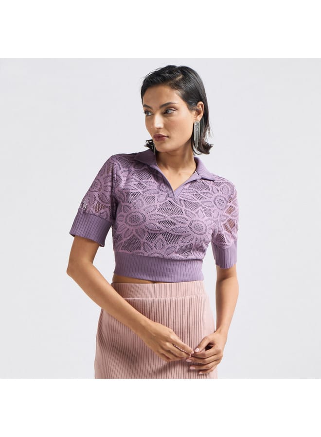 Splash FAV Lace Textured T-shirt with Collar and Short Sleeves  - Image 1