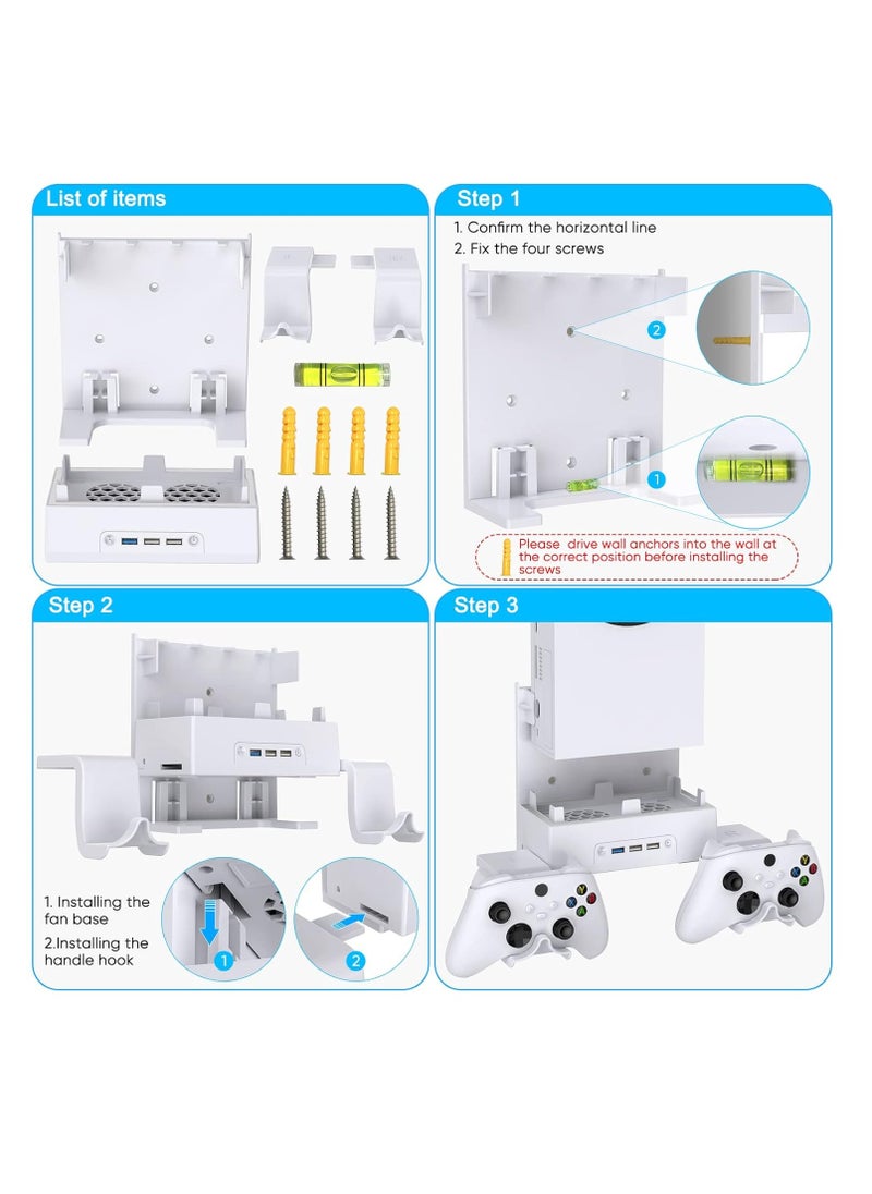 Wall Mount Holder for Xbox Series S, Wall Mount Kit, Vertical Stand with Cooling Fans, USB Port, Controller Hook for Series S