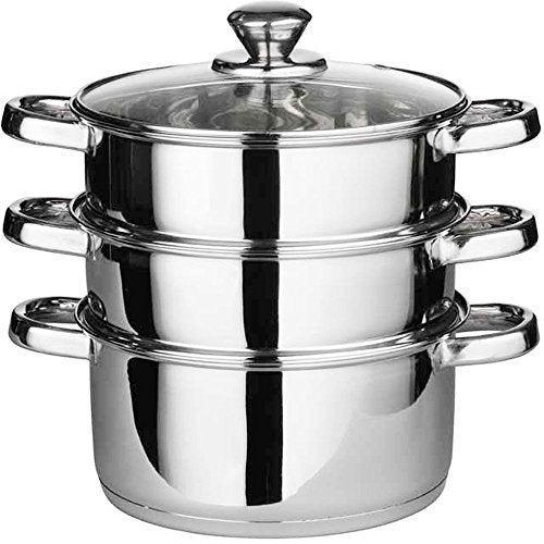 Pristine Tri Ply Induction Base Stainless Steel 3 Tier Multi Purpose Steamer with Glass Lid, 18 Cm, 1Piece (3 Separate Tiers), Silver - Image 1