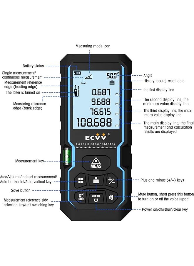 erorex Range Finder Distance Meter Portable Handle Digital Laser Measure Tool Tape Measure Area Volume With Bubble Level And Lcd 4 Line Display 100M  - Image 2