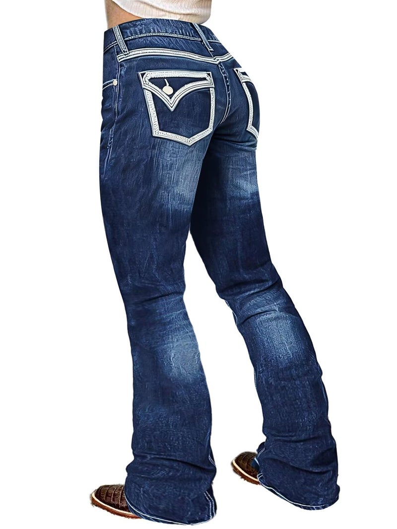 Flamingals Butt Lifting Bootcut Jeans Stretchy Casual Fall Winter Trendy Flare Leg Jeans for Women Sapphire Blue M - Image 1