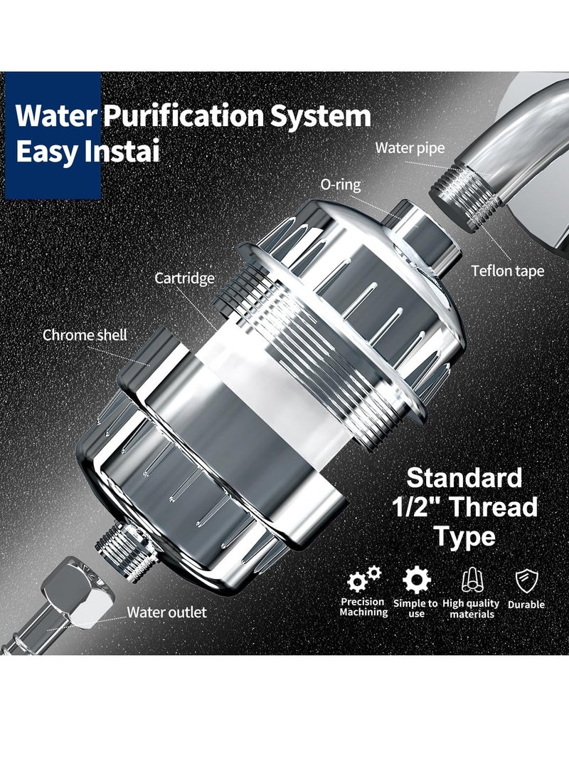 أميناك فلتر دوش 25 مرحلة، فلتر رأس الدش للمياه العسرة مع 2 خرطوشة فلتر قابلة للاستبدال، فلتر ماء الدش لإزالة الكلور والفلوريد، كروم مصقول - Image 3