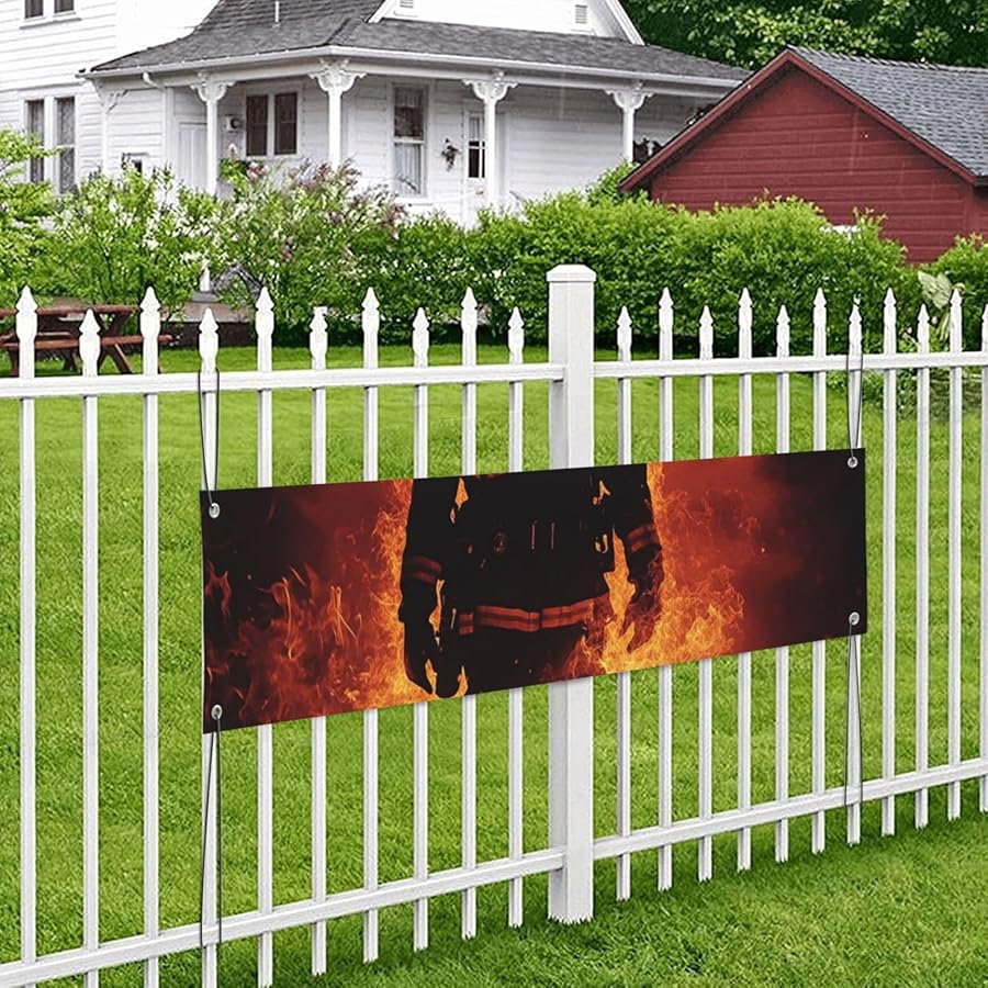 Firefighter Flame Happy Birthday Banner Personalized Large Wall Hanging Backdrop 47x12 Inch