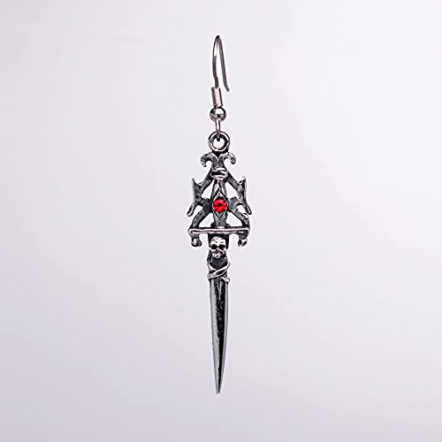 Real Metal Gothic Skull Dagger Medieval Renaissance Dangle Earrings with Red Austrian Crystals - Image 5