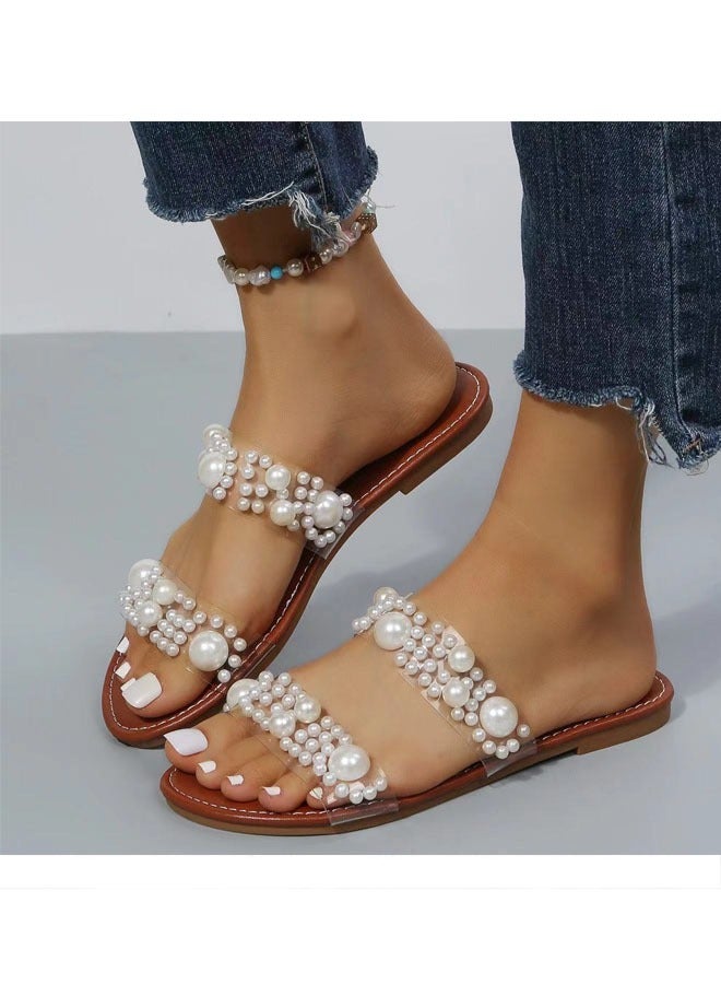 Plus Size Roman Pearl Sandals Handmade beaded Flat Sandals  - Image 1