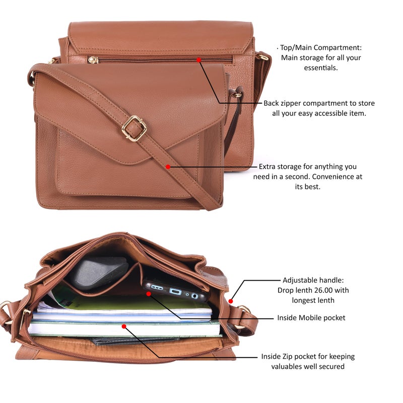 Ozora Leather Flapover Crossbody Handbag Purse for Women with Adjustable Strap & Overflap Snap Closure Tote/Bag (Tan NDM) - Image 4