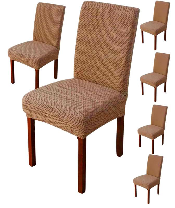 Styleys Elastic Chair Cover Stretch Removable Washable Short Jacquard Dining Chair Cover Protector Seat Slipcover (Pack of 6, Khaki, JCMC11) - Image 1