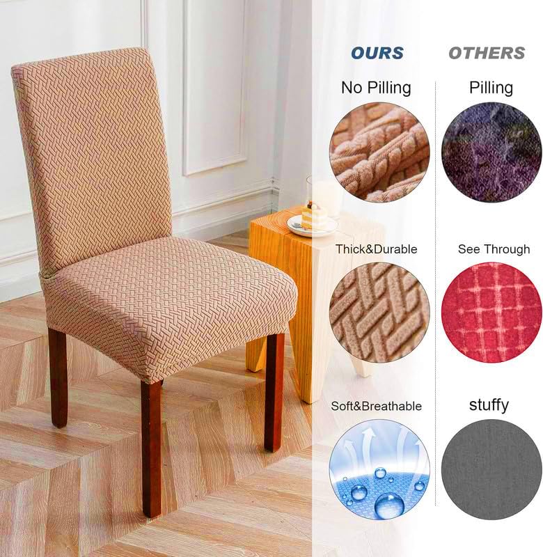Styleys Elastic Chair Cover Stretch Removable Washable Short Jacquard Dining Chair Cover Protector Seat Slipcover (Pack of 6, Khaki, JCMC11) - Image 5