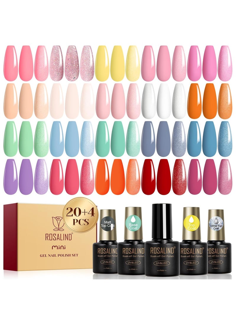 Rosalind ROSALIND 24pcs Pink Gel Polish Set with 4 Bottles of Base and Glossy Matte Glitter Top Coat Pink Orange Red Gel Nail Set Soak Gel Polish Kit 