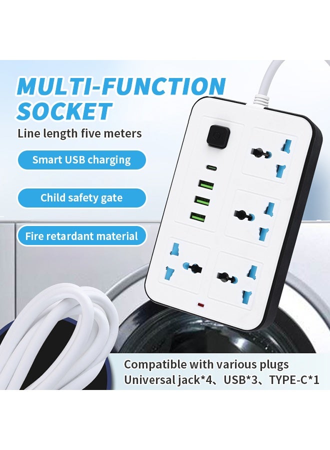 8-in-1 Power Strip 5m, Universal Extension Cord with Child Safety Shutters, 4 Sockets, 3 USB & Type-C Ports, Portable Charging Station for Home and Office - Image 2