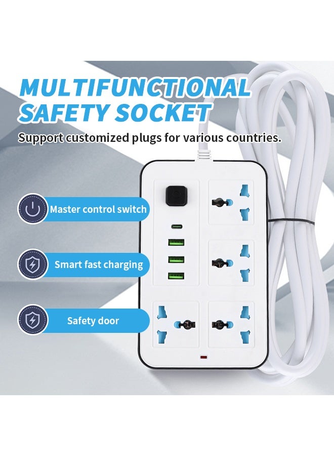 8-in-1 Power Strip 5m, Universal Extension Cord with Child Safety Shutters, 4 Sockets, 3 USB & Type-C Ports, Portable Charging Station for Home and Office - Image 3