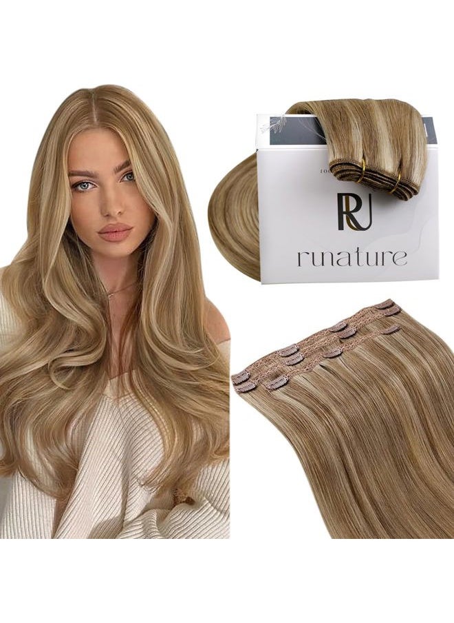 RUNATURE Blonde Clip in Hair Extensions Dark Blonde Human Hair Clip in Extensions with Highlights Human Hair Extensions Clip Ins 12 Inch 50g 3pcs Clip in Human Hair Extensions Full Ends  - Image 1