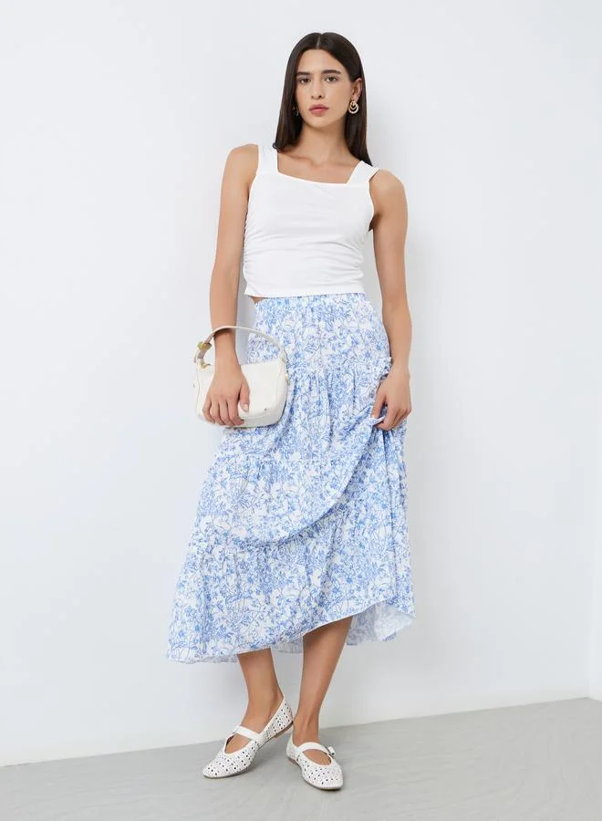 Take Two Take Two Floral Print Elastic Waist A-Line Midi Skirt