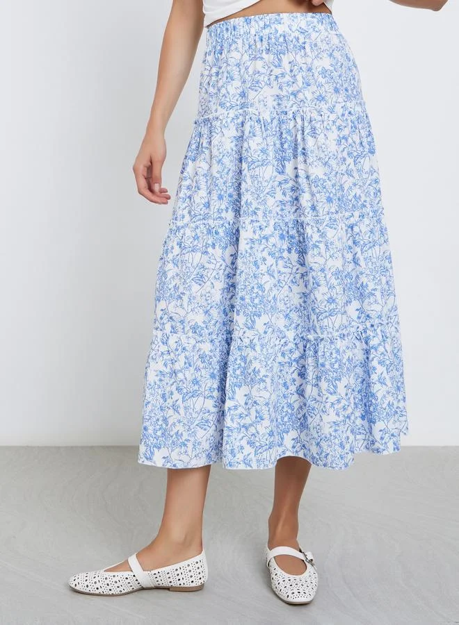 Take Two Take Two Floral Print Elastic Waist A-Line Midi Skirt