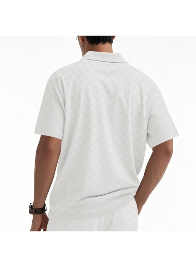 Summer Casual Men's Polo Shirt Half Zipper Short Sleeve Heavyweight Chess Grid Embroidery Loose Fit Male Model Fashion Top - Image 2