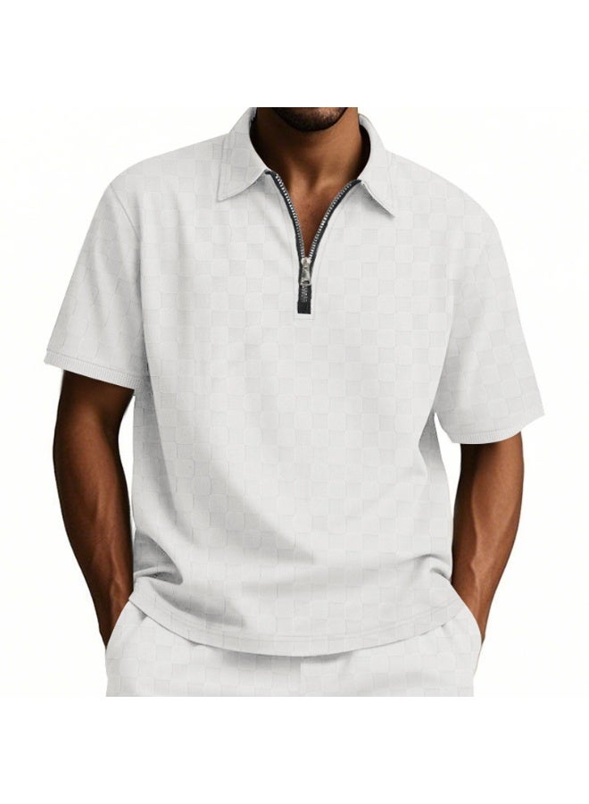 Summer Casual Men's Polo Shirt Half Zipper Short Sleeve Heavyweight Chess Grid Embroidery Loose Fit Male Model Fashion Top - Image 1