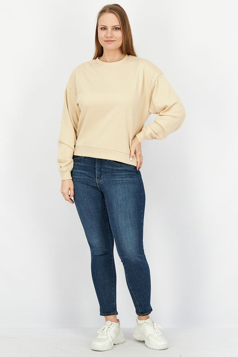 XOXO Women Solid Long Sleeve Sweatshirt, Beige - Image 3