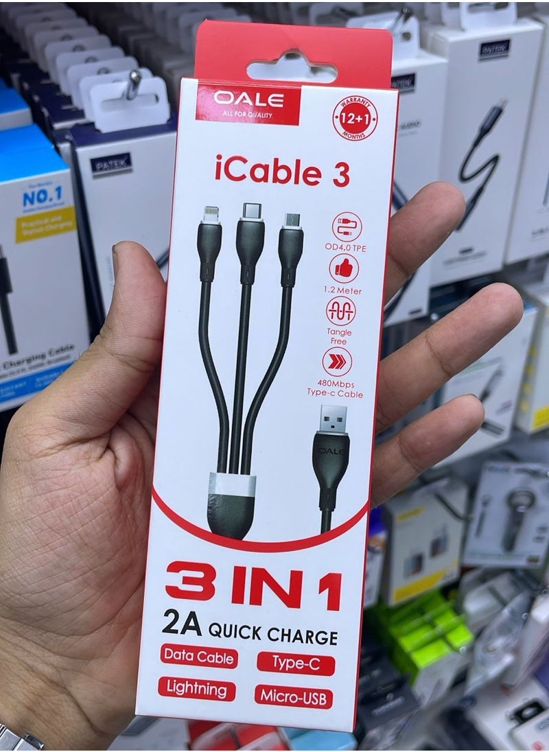 OALE iCable 3 | 3-in-1 Charging Cable | Lightning + Type-C + Micro USB | 1.2M | 2A Fast Charge | Tangle-Free | 12+1 Month Warranty 