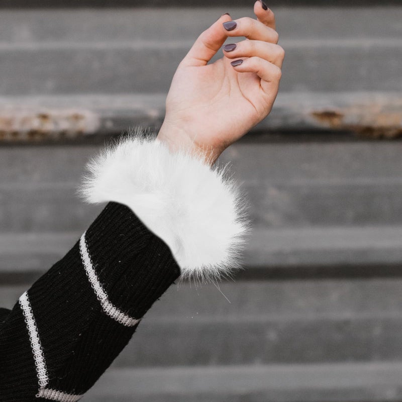 White Faux Fur Arm Warmers Plush Fuzzy Wrist Sleeves Soft Cozy Winter Accessories - Image 5