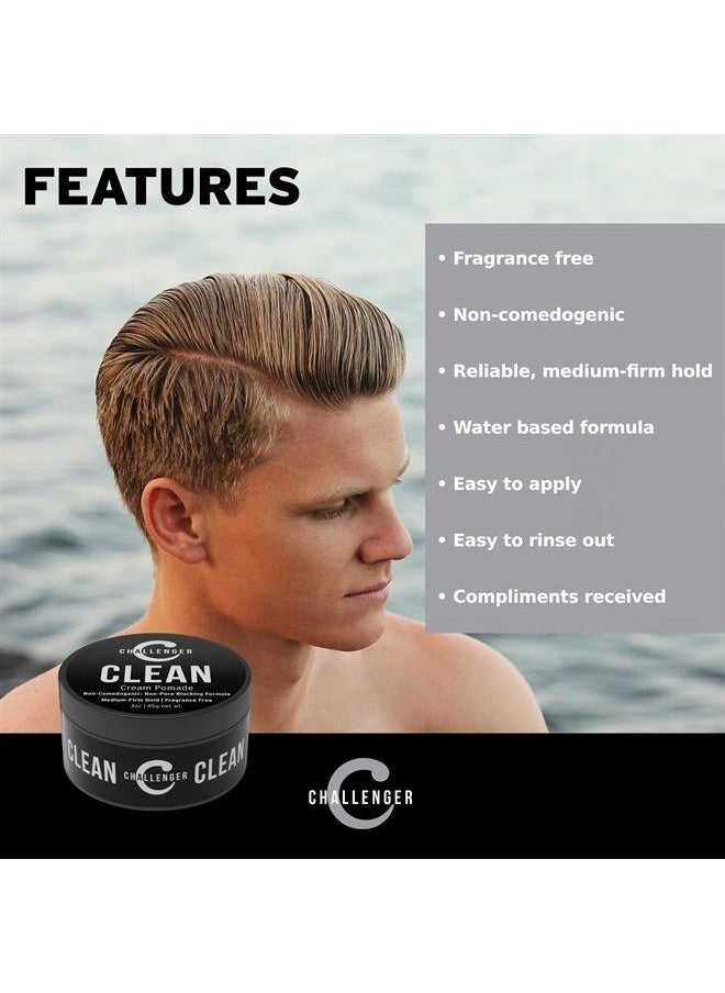 Challenger - Men's Clean Cream Pomade, 3 Ounce | Fragrance Free, Non-Comedogenic Hair Styling Product | Medium Firm Hold & Natural Finish | Shine Free, Unscented, Water Based & Travel Friendly - Image 1